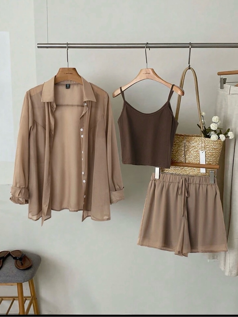 SHEIN Beige Sheer Button-Up, Brown Cami & Beige Shorts Set
